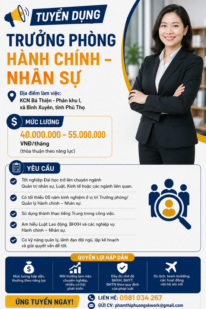 Trưởng phòng hành chính nhân sự Tiếng trung KCN Bá Thiện Phú Thọ 1 truong phong hanh chinh nhan su selink